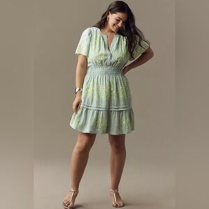 Anthropologie Somerset Green and Yellow Mini Dress